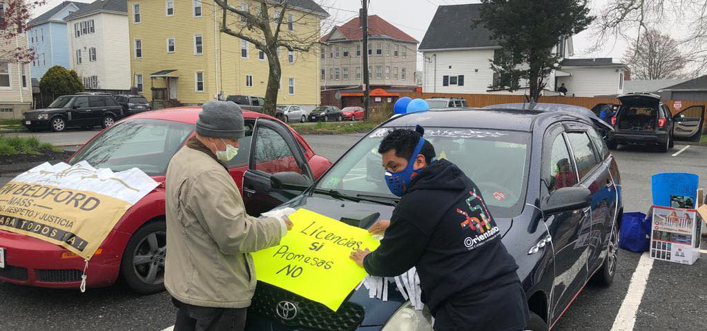 Movimiento Cosecha activists prepare for a car rally during the COVID pandemic (Source: Cosecha Massachusetts Facebook)